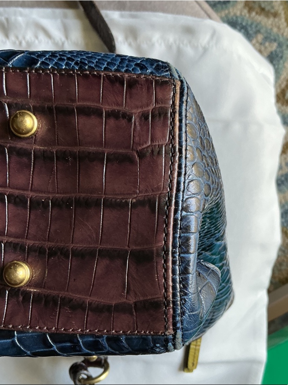Brahmin Navy Croc-Embossed Tote with Brown Trim and Gold Hardware - Picture 8 of 9